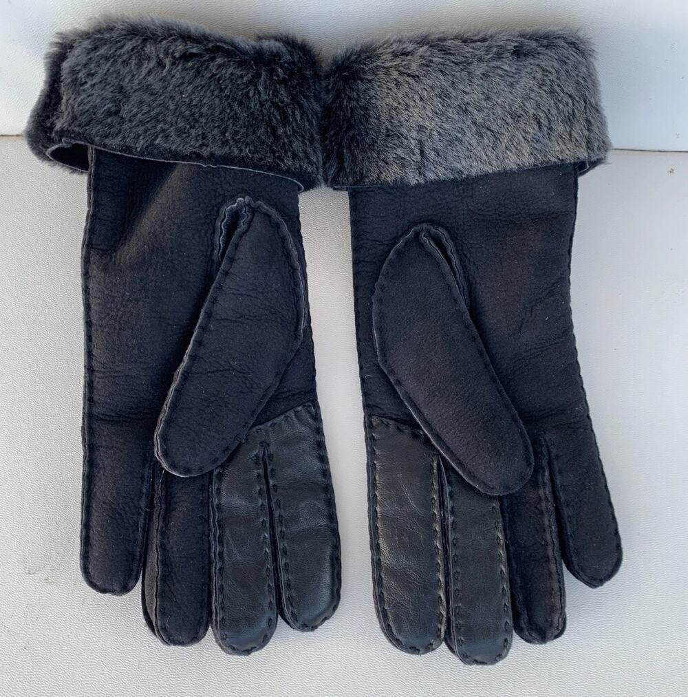 New Overland Genuine Sheepskin Gloves Womens Sz M But Fit S Black Leather